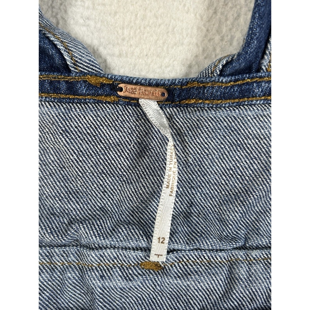 Free People Patchwork Denim Overalls Dress Mini Frayed Hem Blue Western Size 12 - Picture 6 of 7